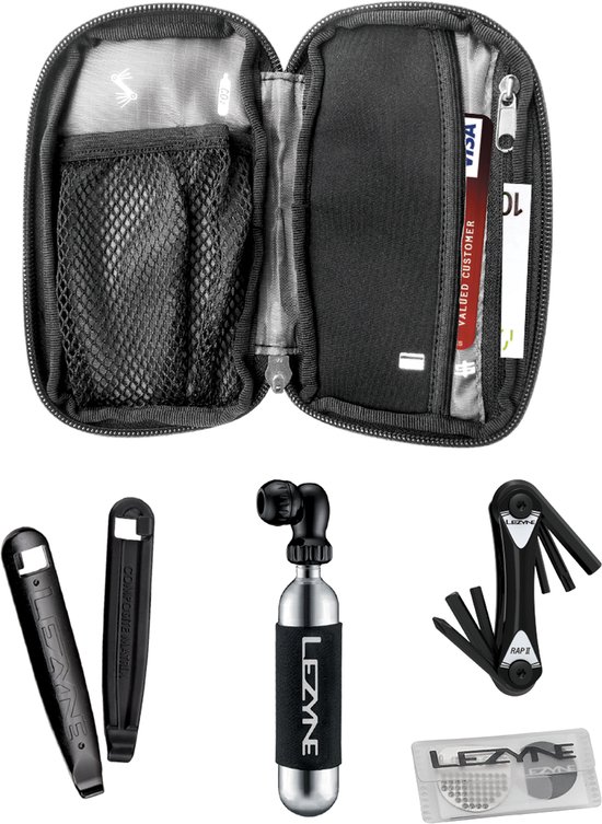 Lezyne Pocket Organizer Loaded Road - Compacte fietstas met Lezyne Power Lever, Classic Tubeless Kit, Multi Tool Rap II 6, Twin Speed Drive & 1 x Co2 Patroon 20 gr - Nylon - 15x7.6x2 cm - Zwart van Lezyne