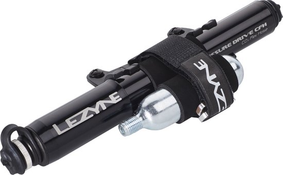 Lezyne Pressure Drive CFH - Handpomp / Co2 Dispenser - Fietspomp - Tot 8.3 bar - Presta en Schrader ventielen - Inclusief 16 gram Co2 & Velcro strap - Aluminium - Zwart van Lezyne