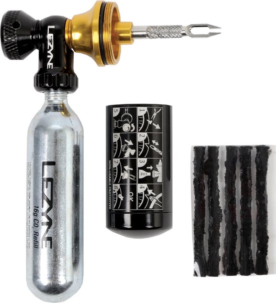 Lezyne Tubeless Co2 Blaster + 2 x 20g Co2 - 2-in-1 CO2-dispenser en tubeless bandenrepartieset - Aluminium - Zwart/Goud van Lezyne
