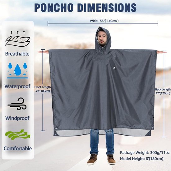 Lichte waterdichte regenjas poncho herbruikbaar ripstop ademend - outdoor camping wandelen vissen - opvouwbare beschermhoes van Bahama.