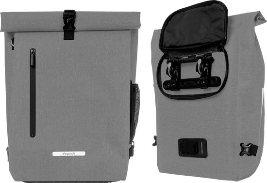 LifeGoods Enkele Fietstas - Compact - Schoudertas en Rugtas - 25L - Ronde Bagagedragers - Waterdicht - Grijs van LifeGoods