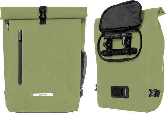 LifeGoods Enkele Fietstas - Compact - Schoudertas en Rugtas - 25L - Ronde Bagagedragers - Waterdicht - Olijfgroen van LifeGoods