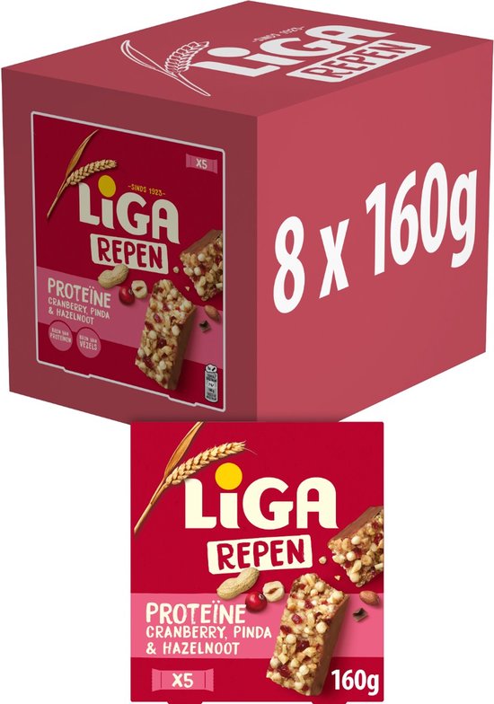 LIGA Proteïne Repen Cranberry & Noten 8 x 160g (5 x 32g) - Eiwitten - Eiwitrepen - Protein - Tussendoortjes - Sport - Cadeau - Notenrepen