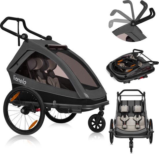 Lionelo Cama 2in1 - Fietsaanhanger en Wandelwagen voor 2 persoons - Zwart - All-Terrain fietskar - Hardloopkinderwagen - Verstelbare Vering - Waterafstotend - Inclusief Accessoires - Opvouwbaar - Tot 2x22kg of 6 jaar - Voor E-Bikes en Normale Fietsen van Lionelo