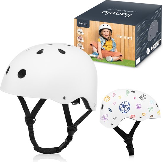 Lionelo Helmet Fietshelm voor kinderen - Maat 50-56cm - 20x23cm - S - Intertek Certificering - ABS & EPS Materialen - Verstelbare Pasvorm - 11 Ventilatieopeningen - Extra Kinbeschermer - Personaliseerbaar met Krijt en Stiften - EN1078 Gecertificeerd van LIONELO