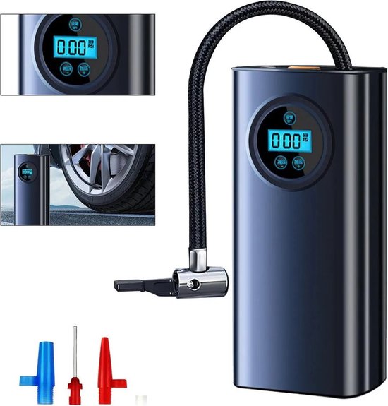 LISM-Draadloze luchtpomp, bandencompressor met LCD-display en 3 mondstukadapters, Geschikt voor autobanden, motorbanden, fietsbanden en basketbalbanden.