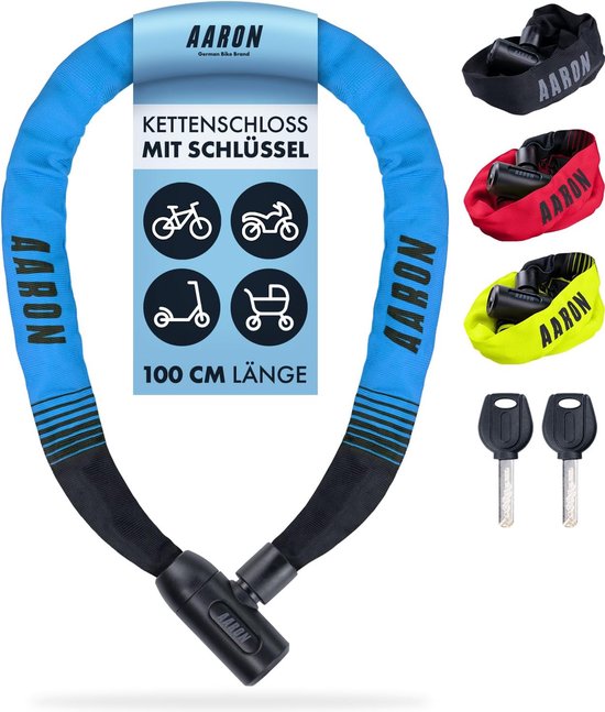 Lock een fietsslot met sleutel, hoge veiligheid stalen ketting slot, slot voor e-bike, mountainbike, trekking fiets, touring fiets, racefiets in blauw van Fischer