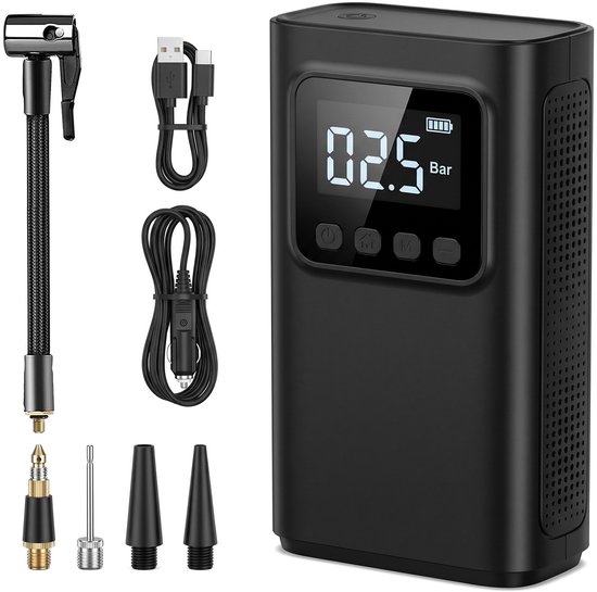 longziming -Draagbare Elektrische Luchtpomp – Mini Bandenpomp met Digitaal Display, LED Verlichting & Powerbank – Automatische Stopfunctie voor Auto, Fiets, Motor en Ballen