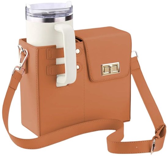longziming - Waterfles crossbody tas - Draagbare waterfles tas - Waterfles draagtas - PU leder - Verstelbare schouderriem - Geschikt voor Stanley beker - Handig draagontwerp - Bruin