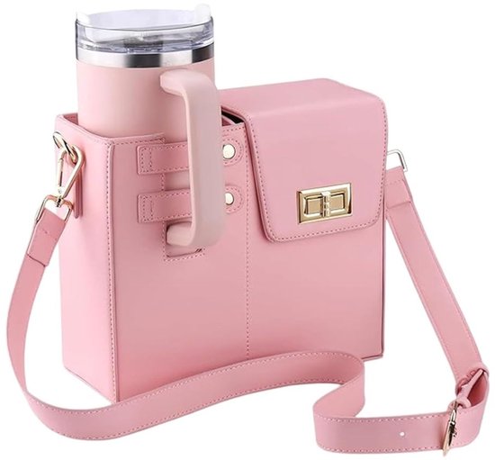 longziming - Waterfles crossbody tas - Draagbare waterfles tas - Waterfles draagtas - PU leder - Verstelbare schouderriem - Geschikt voor Stanley beker - Handig draagontwerp - Roze