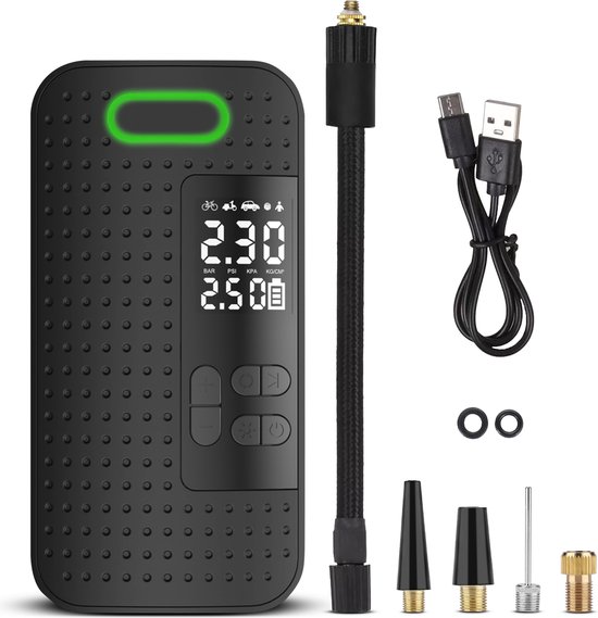Luchtcompressor 4000 mAh - Elektrische fietspomp met Digitale Drukmeter - Oplaadbaar & Draadloos - Auto-Stop & LED Verlichting - Bandenpomp Voor Auto, Motor & Ballen - Ballenpomp - Inclusief Opzetstukken en Reistas - Zwart