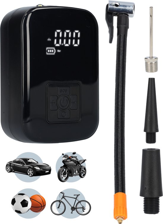 Luchtcompressor - Bandenpomp - Elektrische Fietspomp - Ventilator - Geschikt voor auto, fiets, voetballen en opblaasbedden - Met hand bestuurbaar - USB-C oplaadbaar - Met verlichting - Draadloos gebruik - 120W - Zwart