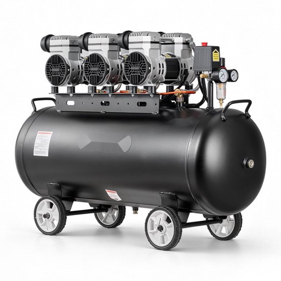 Luchtcompressor - Olievrije Compressor - 3 kW Motor - 100 Liter Luchttank - Fluisterstil 198 l/min 8 bar - Draagbaar Met Wielen En Handvat - Voor Werkplaats En Doe-het-zelf