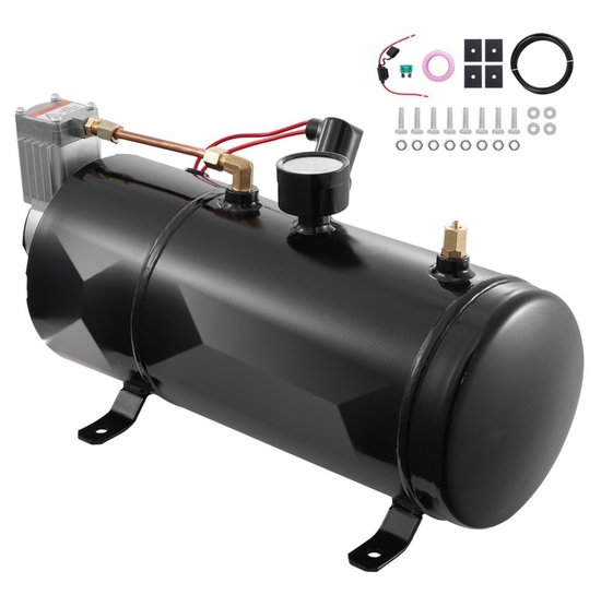 Luchtcompressorset 12V - Treinhoorn Luchtcompressor - 3 L Tank - Werkdruk 90–120 psi (6,2–8,3 bar) - Geïntegreerd Systeem - Voor Banden Oppompen - Auto/Vrachtwagen/SUV - Zwart