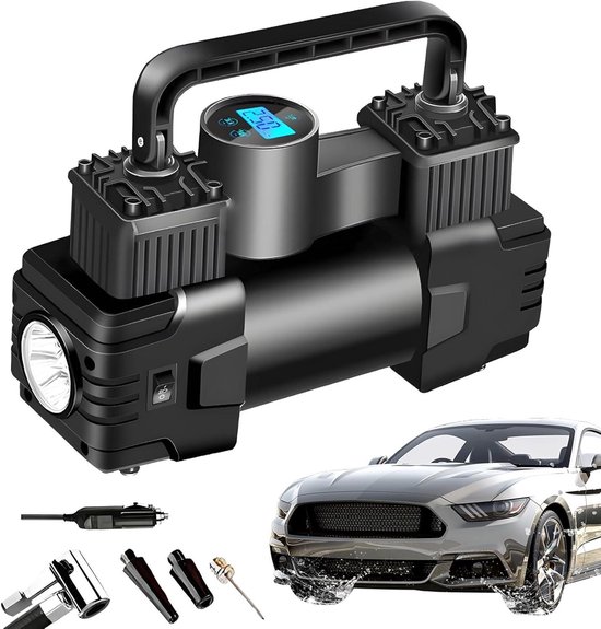 Luchtpomp Auto - Draagbare Compressor - Banden Oppompen - Digitaal Manometer - 20 cm - Zwart
