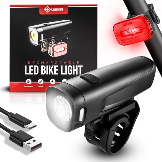 Lumora Fietsverlichting Set - 500 Lumen LED - USB Oplaadbaar Fietslicht Voor en Achter - 1000m bereik - Waterdicht - Voor Racefiets, MTB en Fietsen