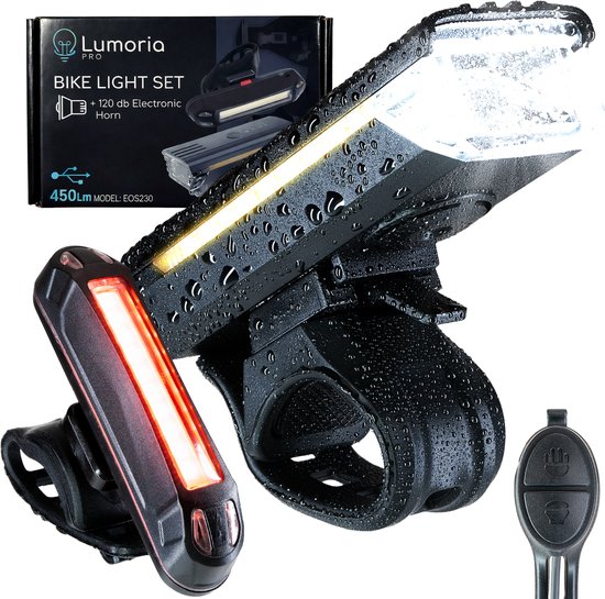 LUMORIA LED Fietsverlichting Set - USB Oplaadbare Fietslampen Voor en Achterlicht - Fietslamp Wit Voorlicht 450 Lumen en Rood Achterlicht 110 Lumen - Waterdichte Fiets Lamp - Waterbestendige Fietslampjes - Koplamp Voorlamp Achterlamp - Fietslamp set van Merkloos