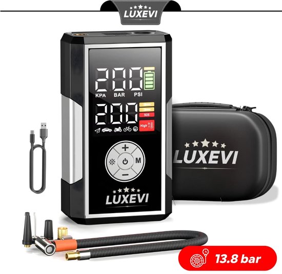 LUXEVI Luchtcompressor Draagbaar- Elektrische Bandenpomp Bandenpomp aut - compressor 12v - 13.8 Bar / 200 PSI - Voor Auto, Motor & Fiets - Met Koffer, Zaklamp & USB-C