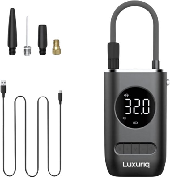 Luxuriq® Elektrische Fietspomp - Fietspomp - Luchtcompressor - Bandenpomp - Ballenpomp - Autobanden - Fietsbanden - Motorbanden - Draagbare - Grijs van Luxuriq