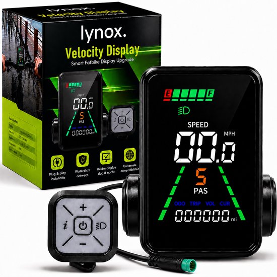 Lynox Velocity Display - Fatbike Scherm - Geschikt voor QMWheel V20 en V20 pro, Ouxi V8 en H9 - Kleurenscherm - UART 2 Protocol - Waterdicht - Inclusief Bedieningsknop - Plug & Play installatie - Niet opvoerbaar