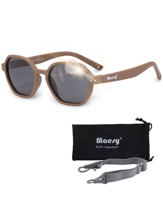 Maesy - baby zonnebril Yana - 1-3 jaar - flexibel buigbaar - verstelbaar elastiek - gepolariseerde UV400 bescherming- dreumes en peuter - jongens en meisjes - kinder zonnebril hexagon - taupe bruin van Maesy