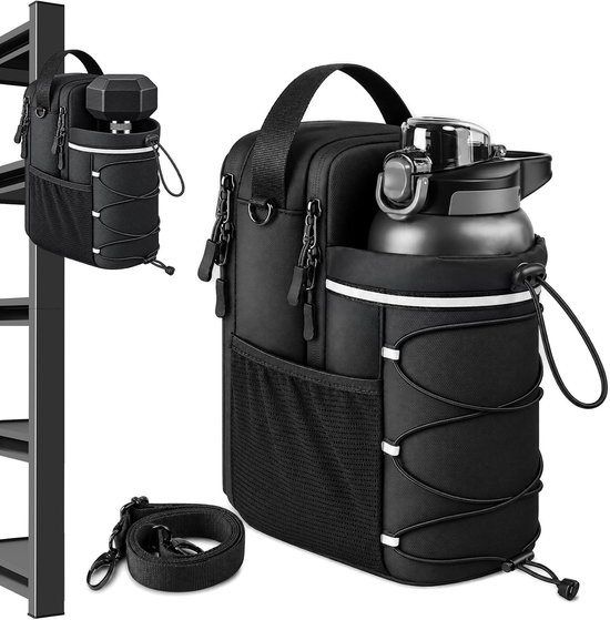 Magnetische fitness waterfles tas - grote capaciteit waterdichte opbergtas - draagbare schuin te dragen tas voor telefoon en sleutels - reflecterende strepen - zwart