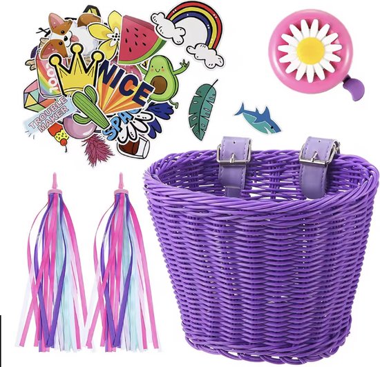 Mandje kinderfiets loopfiets - gevlochten kunststof rotan riet - accessoires set - paars - fietsbel - stickers - stuurslingers van Kinderfeets