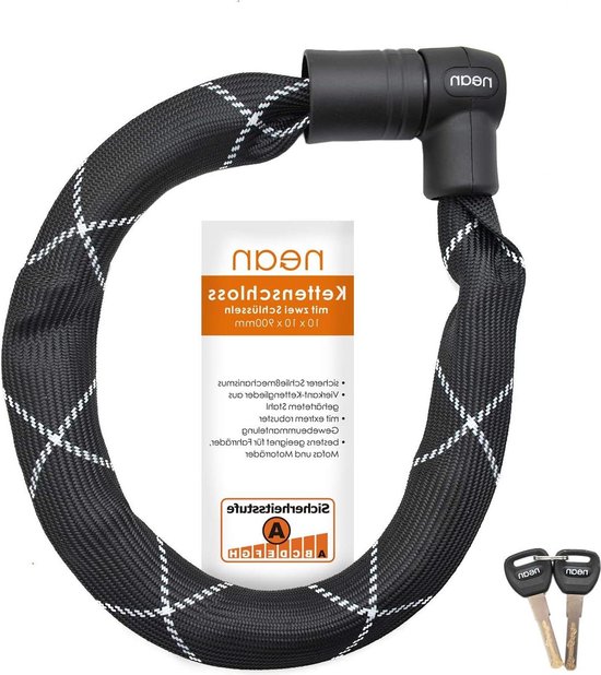 Massief motorslot fietsslot e-bike kettingslot - 2 veiligheidssleutels - robuuste stoffen mantel - geharde stalen kettingschakels - 10 x 10 x 900 mm kettingslot van Merkloos