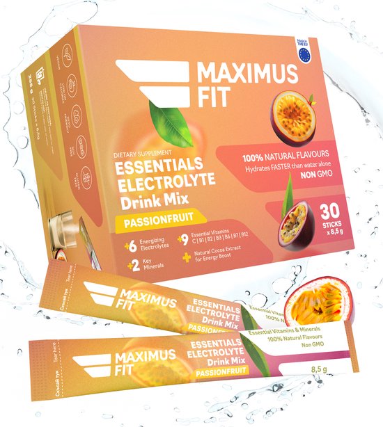 MaximusFit Elektrolyten - Elektrolyten Poeder - 30 zakjes van 8.5g - Weinig Suiker - Keto Friendly - Passievrucht