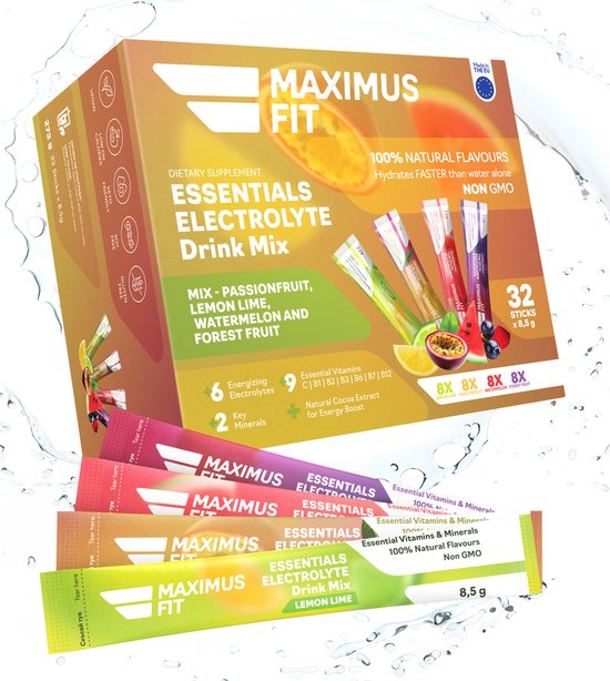 MaximusFit Elektrolyten - Elektrolyten Poeder - 32 zakjes van 8.5g - Weinig Suiker - Keto Friendly - Mix (8st. Citroen/Limoen, 8st. Watermeloen, 8st. passievrucht, 8st. Bosvruchten) van Merkloos