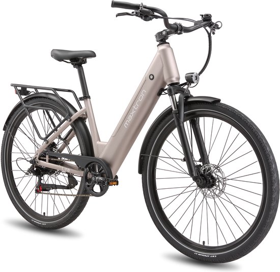Maxtron Lira 28 Inch Elektrische Stadsfiets - 48V 15Ah Lithium-accu - Actieradius tot 140 km - 250W Motor - Hydraulische Schijfremmen - Shimano 7 Versnellingen - Max. Belastbaar 120 kg - Met Achterlicht - Goud