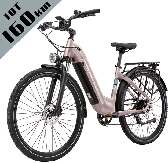Maxtron Marathon Elektrische Fiets - Extra Lange Actieradius tot 160 km - Krachtige 810Wh Accu - 27.5 Inch Banden - Schijfremmen - Max. Belasting 120 kg - Geschikt voor 160–200 cm - Elektrische Stadsfiets - Goud