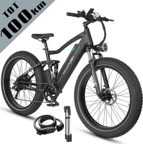 Maxtron MX1 Elektrische Fiets – 624Wh Accu – Actieradius tot 100 km – 26×4.0 Inch Fatbike Banden – Shimano 7 Versnellingen – Verende Voorvork (Aluminium/Staal) – Mechanische Schijfremmen – Stadsfiets – Max. Belastbaar 120 kg – Zwart