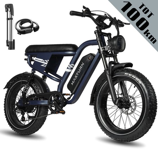 Maxtron MX10 Elektrische Fiets – 648Wh Accu – Actieradius tot 100 km – 20×4.0 Inch Fatbike Banden – Dubbele Verende Voorvork (Aluminium/Staal) – Shimano 7 Versnellingen – Mechanische Schijfremmen – Stadsfiets – Max. Belastbaar 120 kg – Blauw