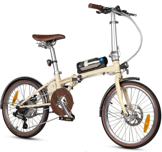 Maxtron Smart20 Elektrische Fiets – Opvouwbare E-bike – 36V 5.2Ah Accu – Actieradius tot 40 km – 20×1.35 Inch Banden – Aluminium Voorvork – Shimano 7 Versnellingen – Mechanische Schijfremmen – Stadsfiets – Max. Belastbaar 100 kg – Beige van Merkloos