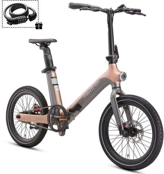 Maxtron Smart30 Elektrische Fiets – 20 Inch Opvouwbare E-bike – 36V 9.6Ah Accu – Actieradius tot 60 km – Schijfremmen – Stadsfiets - Goudgrijs