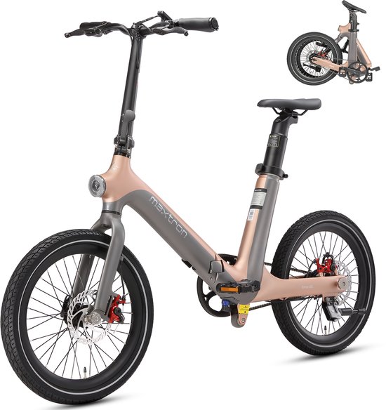 Maxtron Smart30 Elektrische Vouwfiets – E-bike – 346Wh Accu – Actieradius tot 70 km – 20×2.125 Inch Banden – Riemaandrijving – Aluminium Frame – Mechanische Schijfremmen – Stadsfiets – Max. Belastbaar 120 kg– Goudgrijs van Merkloos