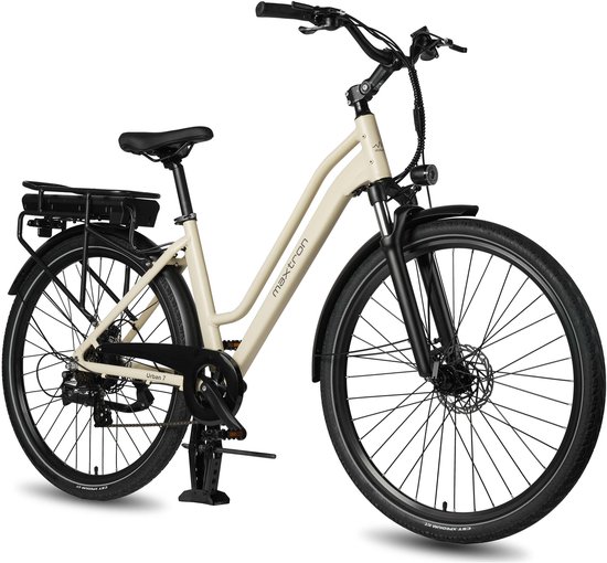 Maxtron Urban7 Elektrische Fiets – 36V 12.8Ah Accu – Actieradius tot 70 km – 27.5×2.0 Inch Banden – Aluminium Verende Voorvork – Shimano RD-M310 – Mechanische Schijfremmen – Stadsfiets – Max. Belastbaar 120 kg–Beige van Merkloos