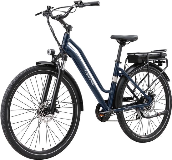 Maxtron Urban7 Elektrische Fiets – 36V 12.8Ah Accu – Actieradius tot 70 km – 27.5×2.0 Inch Banden - Aluminium Verende Voorvork – Shimano RD-M310 – Mechanische Schijfremmen – Stadsfiets – Max. Belastbaar 120 kg – Blauw van Merkloos