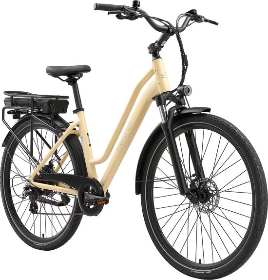 Maxtron Urban7 Elektrische stadsfietsen – 468.8Wh Accu – Actieradius tot 70~90 km – 28×2.0 Inch Banden – Aluminium Verende Voorvork – Shimano RD-M310 Versnellingssysteem – Mechanische Schijfremmen – Stadsfiets – Max. Belastbaar 120 kg – Beige