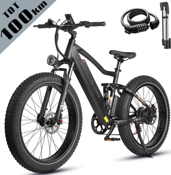 Maxtron X1 Elektrische Fiets – 48V 13Ah Accu – Actieradius tot 100 km – 26×4.0 Inch Fatbike – Stadsfiets – Mechanische Schijfremmen – Max. Belastbaar 120 kg – Zwart