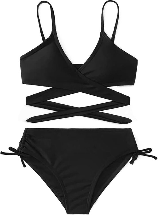 Meisje Effen Bikini Set Tween Meisje 2 Stuk Badpak Badmode met Trekkoord Kid Zwemmen Kostuum Badpak 6-14 Jaar