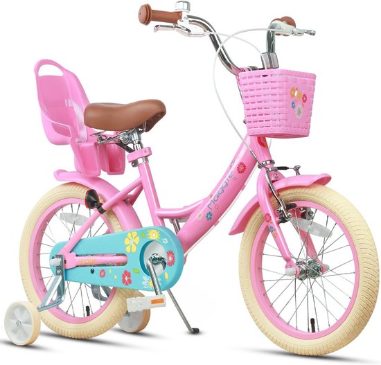 Meisjesfiets 12-20 inch, Kinderfiets voor 2-13 Jaar, Prinsessenstijl met Poppenzitje en Mand, Trainingswielen, Meerdere Kleuren van Merkloos