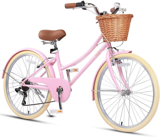 Meisjesfiets Cruiser Hybride Stadsfiets - 6 Versnellingen - 20 24 26 Inch Wielen - Shimano Derailleur - Met Rieten Mand & Zijstandaard - Lichtgewicht Kinderfiets - Comfortabele Citybike voor Meisjes vanaf 6 Jaar - 24 inch met standaard