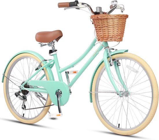 Meisjesfiets Cruiser Stadsfiets met Shimano 6 Versnellingen – 20/24/26 Inch – Lichtgewicht Fiets met Rieten Mand – Comfortabel Zadel – Hybride Kinderfiets voor Meisjes vanaf 6 Jaar – Retro Stijl – Meerdere Kleuren