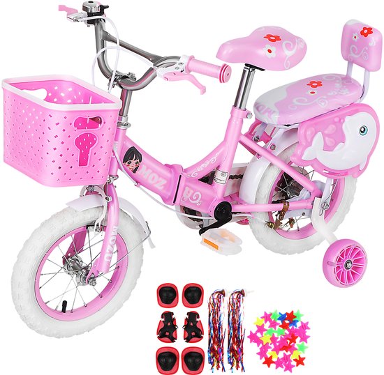 Meisjesfiets met Zijwieltjes - 16 Inch Kinderfiets voor Meisjes van 2-12 Jaar (100-120 cm) - Inclusief Mandje & Poppenstoeltje - Opvouwbaar & Verstelbaar - Roze