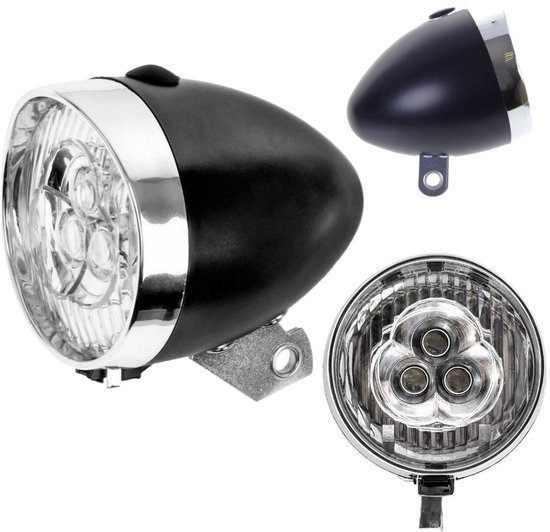 Merkloos Retro Series - Koplamp Fiets - 3 LED - Voorvork Montage - Zwart/Chroom - Inclusief Batterijen
