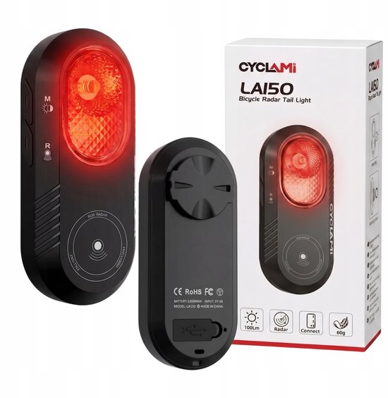 Merkloze Fietsachterlicht met Radar, Bluetooth & Stoplicht