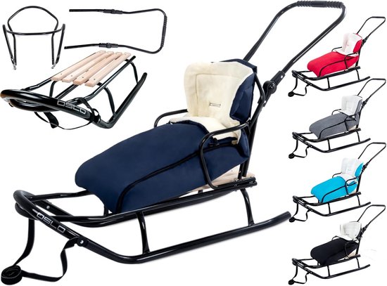 Metalen Slee met Rugleuning, Duwstang en Voetenzak - Geschikt voor Baby's, Kinderen en Volwassenen tot 120 kg van Merkloos