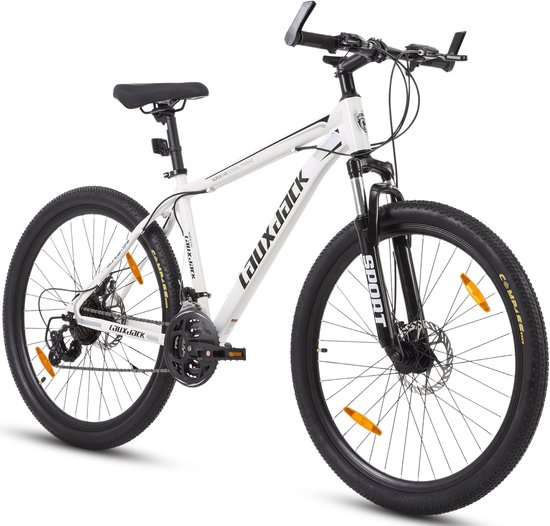 MEUNIQ mountainbike 28 inch met 21 versnellingen, Shimano Tourney, schijfremmen en voorvorkvering – voor dagelijks gebruik en terreinritten – wit
